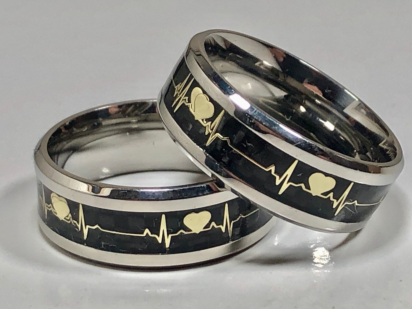 His and Her Stainless Steel Electrocardiogram Ring (ECG) Promise Heartbeat Ring - Anniversary & Wedding - Friendship - Anytime -Cardiologist