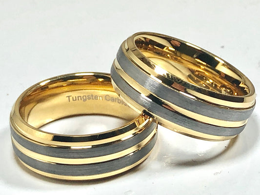 Tungsten Carbide Gold Ring Beveled Edge Brushed Matte Polished Flat Design- Anniversary & Wedding - Friendship - Mother's Day - Just Because