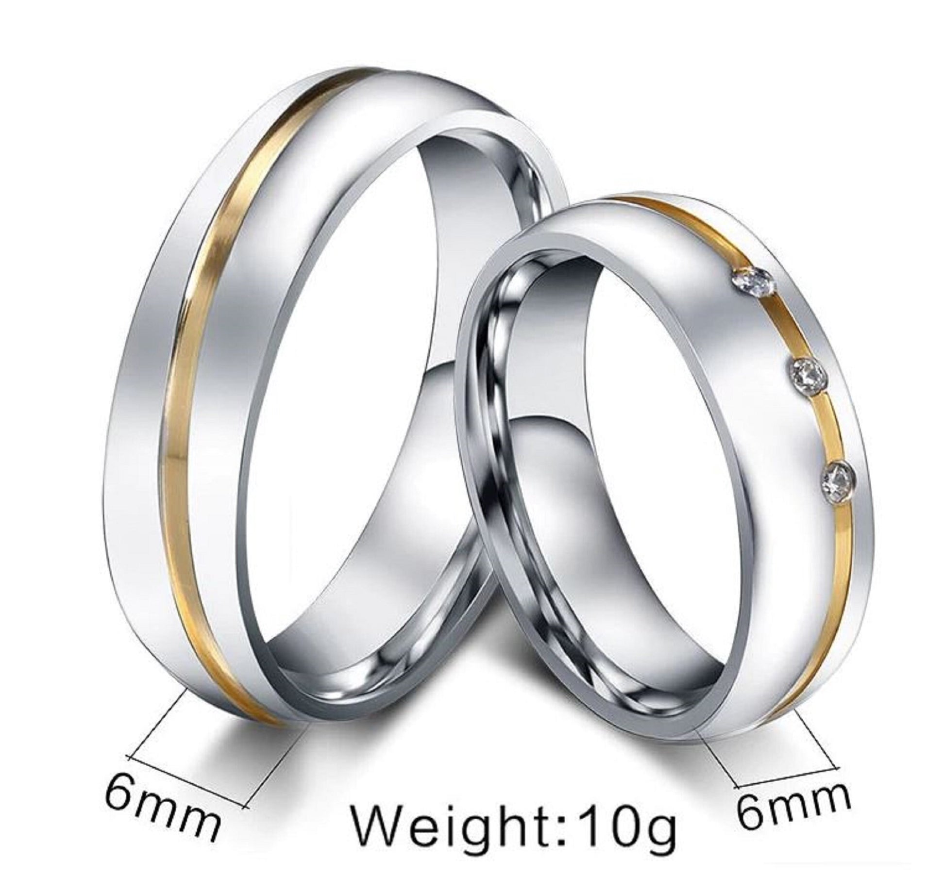 Silver Gold Couples Ring Set Stainless Steel & ION Gold Cubic Zirconia Never Fade - Friendship, Promise, Engagement, Wedding Set
