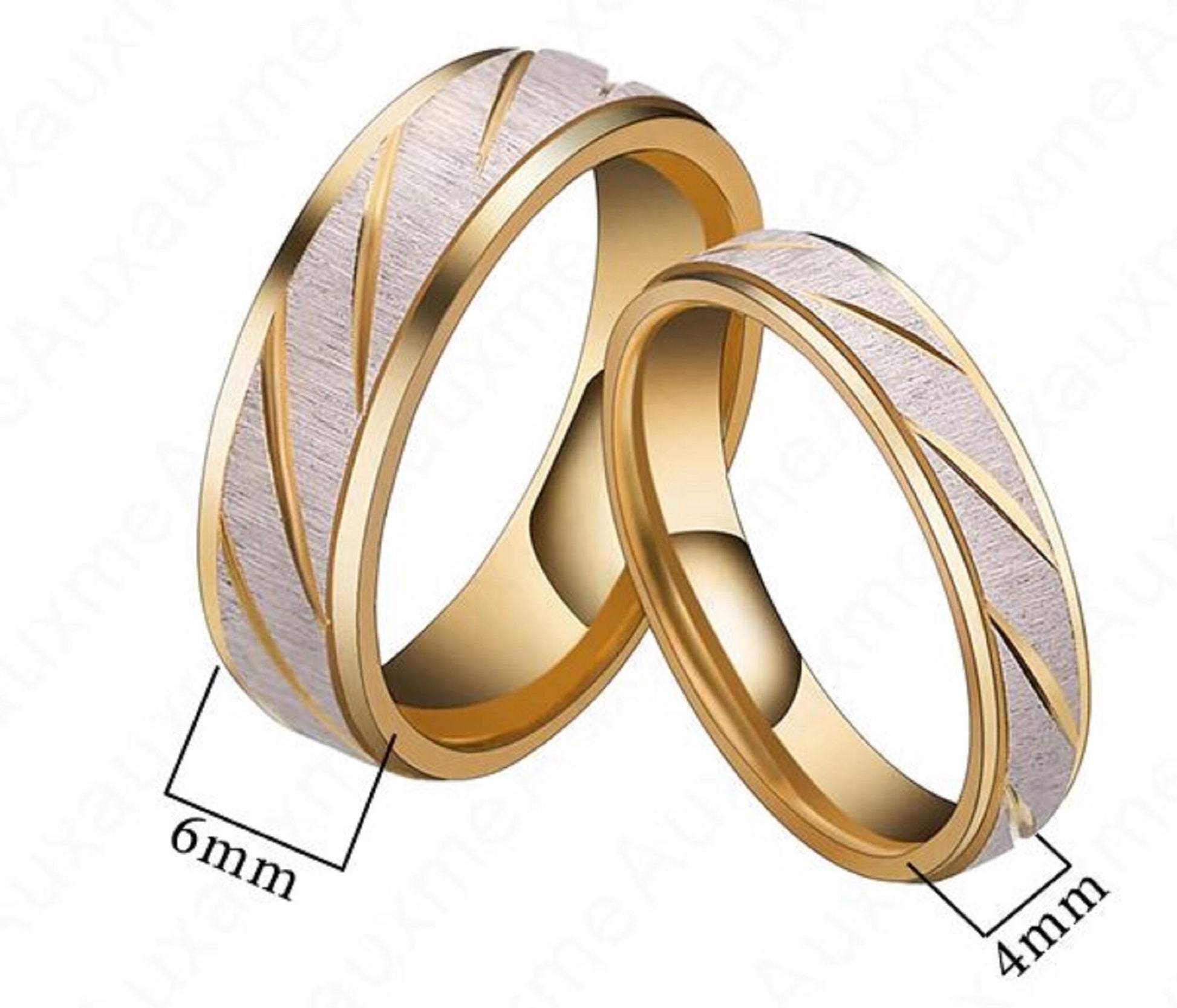 Frosted Silver Titanium Steel Couples Ring Set for Him & Her - Diagonal Stripe Gold Color - Friendship, Promise, Engagement, Wedding.