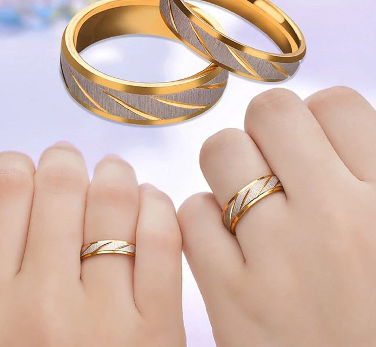 Frosted Silver Titanium Steel Couples Ring Set for Him & Her - Diagonal Stripe Gold Color - Friendship, Promise, Engagement, Wedding.
