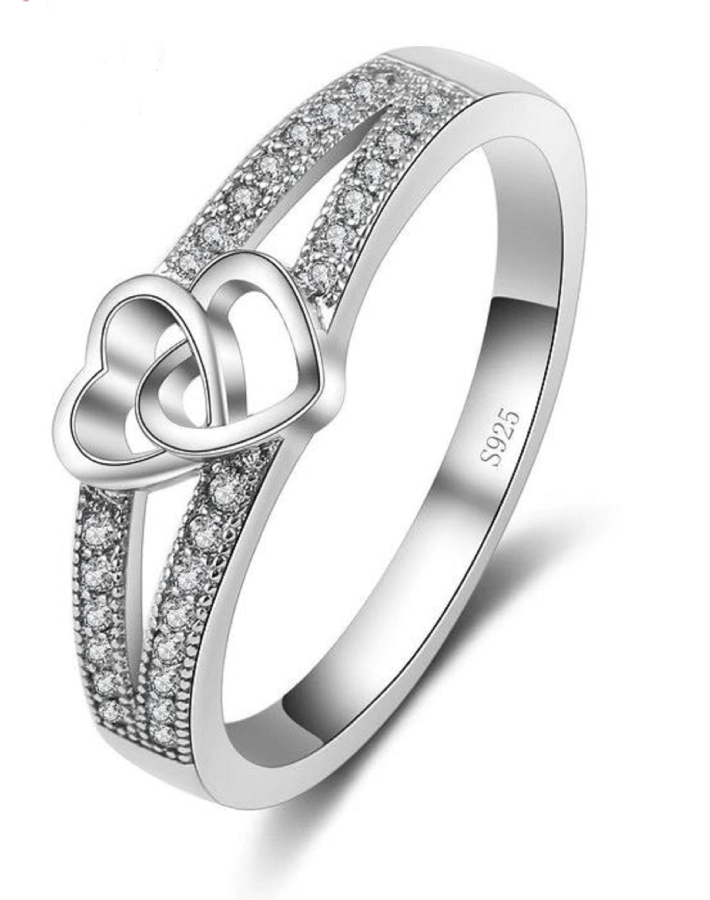 Sterling Silver Double Crossed Heart Cubic Zirconia Love Ring - Birthday, Anniversary, Wedding, Promise, Just Because