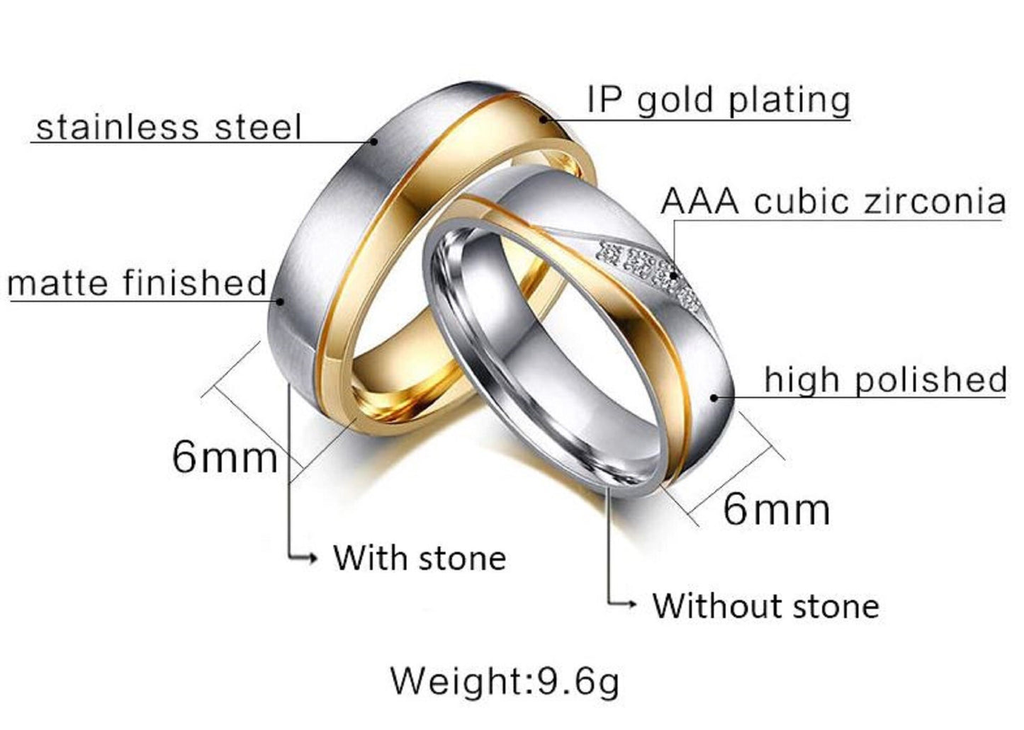 Lovers Stainless Steel Couples Ring Set IP Gold Plating with Cubic Zirconia, Friendship, Promise, Engagement, Wedding, Rings