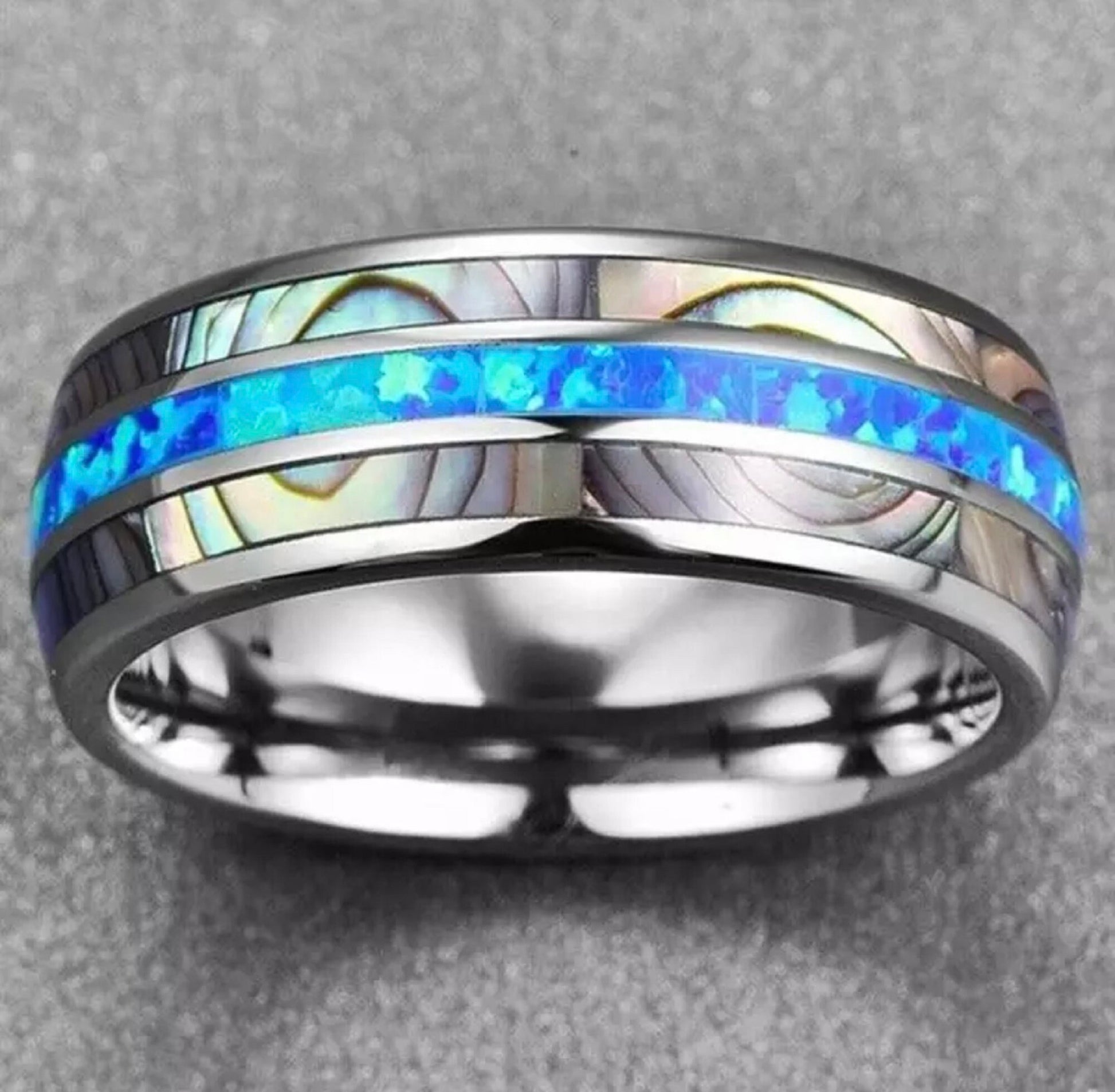 Blue Abalone Shell Inlay Ring Stainless Steel - Friendship, Promise, Engagement, Wedding Jewelry Gift, Anniversary, Mother's Day