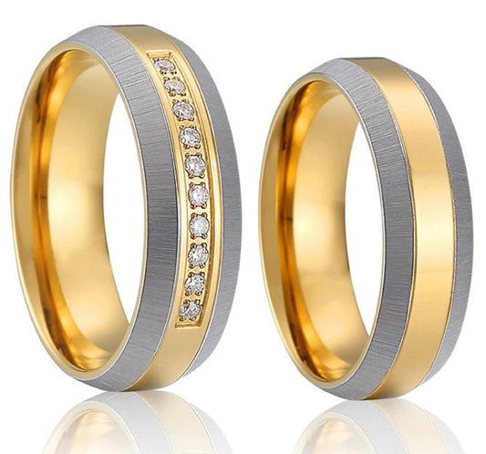 Titanium Couples 18k Gold Plated Ring Set Beveled with Cubic Zirconia, Friendship, Promise, Engagement, Wedding