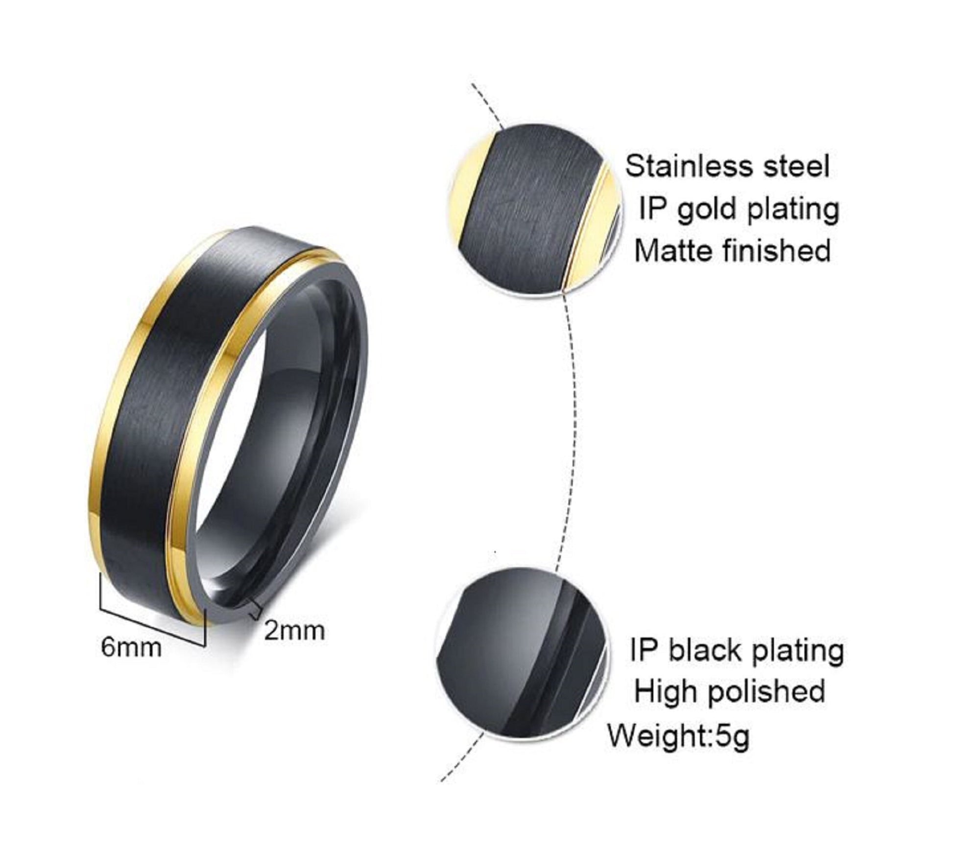 Men's Matte Black Tail Ring Stainless Steel Gold Line Edge & Unique Black Brushed Surface