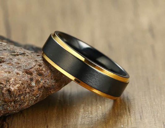 Men's Matte Black Tail Ring Stainless Steel Gold Line Edge & Unique Black Brushed Surface