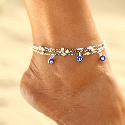 Bohemian Blue Eye Anklet Pendant Stainless Steel Turkish Good Luck Chain Bead Tassel - Friendship, Mother's Day, Just Because, Beach
