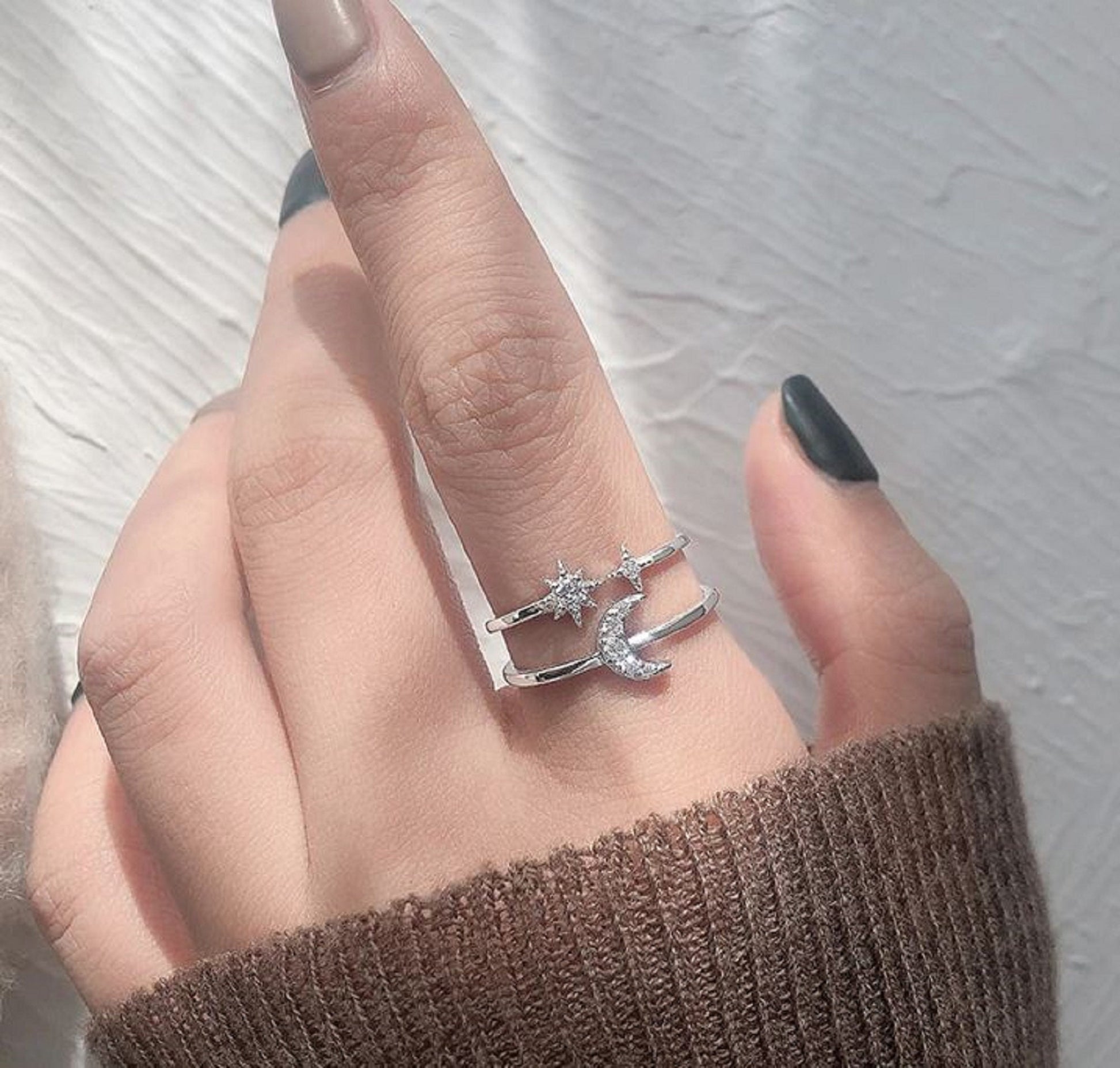 Sterling Silver Sun Moon Star Zirconia Double Ring For Women Girls - Friendship, Promise, Mother's Day, Anniversary, Just Because