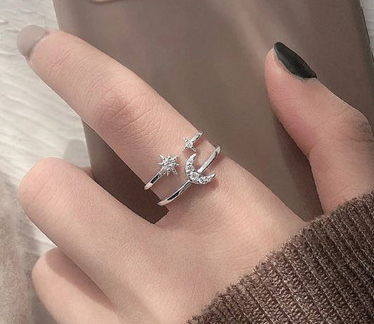 Sterling Silver Sun Moon Star Zirconia Double Ring For Women Girls - Friendship, Promise, Mother's Day, Anniversary, Just Because