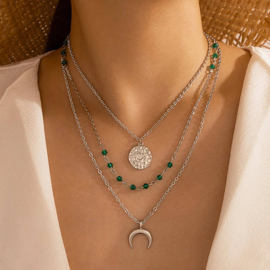 Bohemian Moon Pendant Necklace for Women Multilayer Chain with Green Stone layer Silver Colored Jewelry - Just Because, Friendship, Birthday