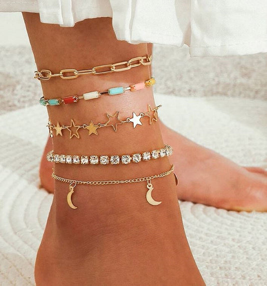 Bohemian Gold Color Moon Star Crystal Anklets Multi Designed Bracelets Boho Style - Friendship, Mother's Day, Just Because, Beach