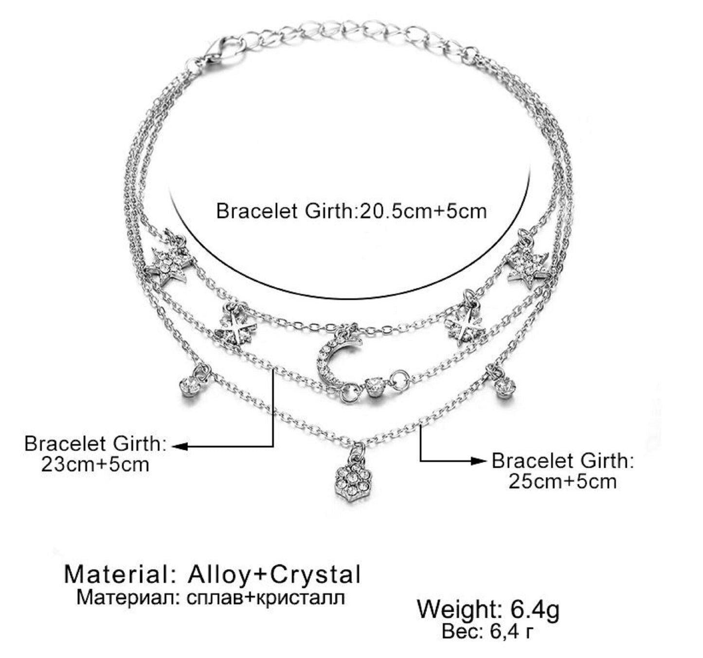 Bohemian Retro Star Moon Crystal Women's Silver Colored Multi-layer Adjustable Anklet - Friendship, Mother's Day, Just Because, Beach