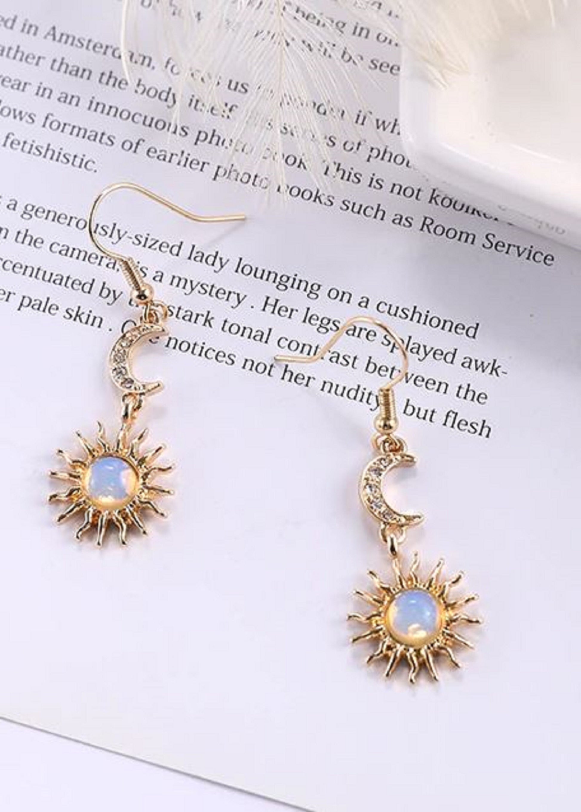 Bohemian Gold Lined Sun and Pearl Moon Earrings Korean Drop Style for Women Boho - Gift for Her, Birthday, Just Because, Special Occasion