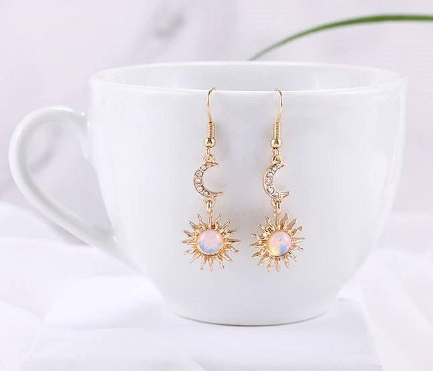 Bohemian Gold Lined Sun and Pearl Moon Earrings Korean Drop Style for Women Boho - Gift for Her, Birthday, Just Because, Special Occasion