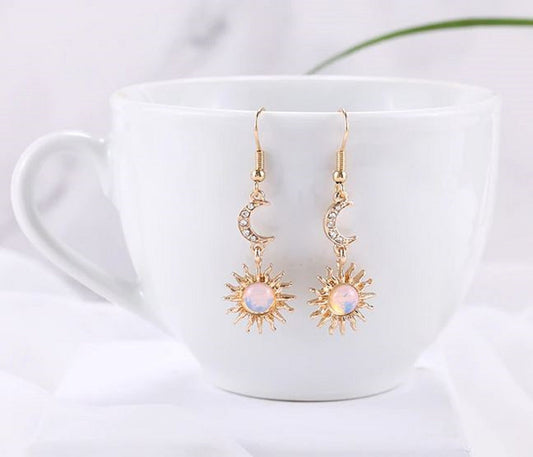 Bohemian Gold Lined Sun and Pearl Moon Earrings Korean Drop Style for Women Boho - Gift for Her, Birthday, Just Because, Special Occasion