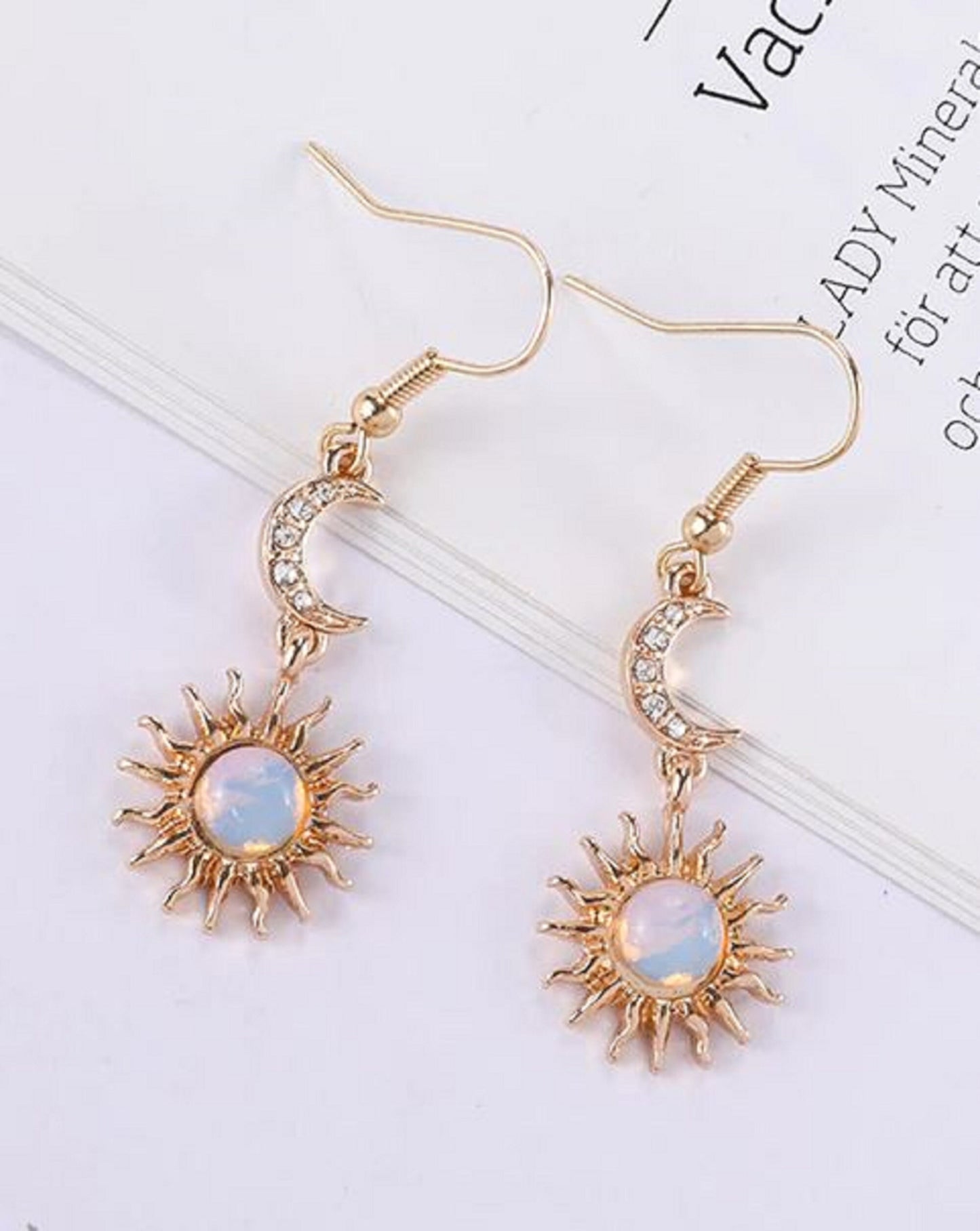 Bohemian Gold Lined Sun and Pearl Moon Earrings Korean Drop Style for Women Boho - Gift for Her, Birthday, Just Because, Special Occasion