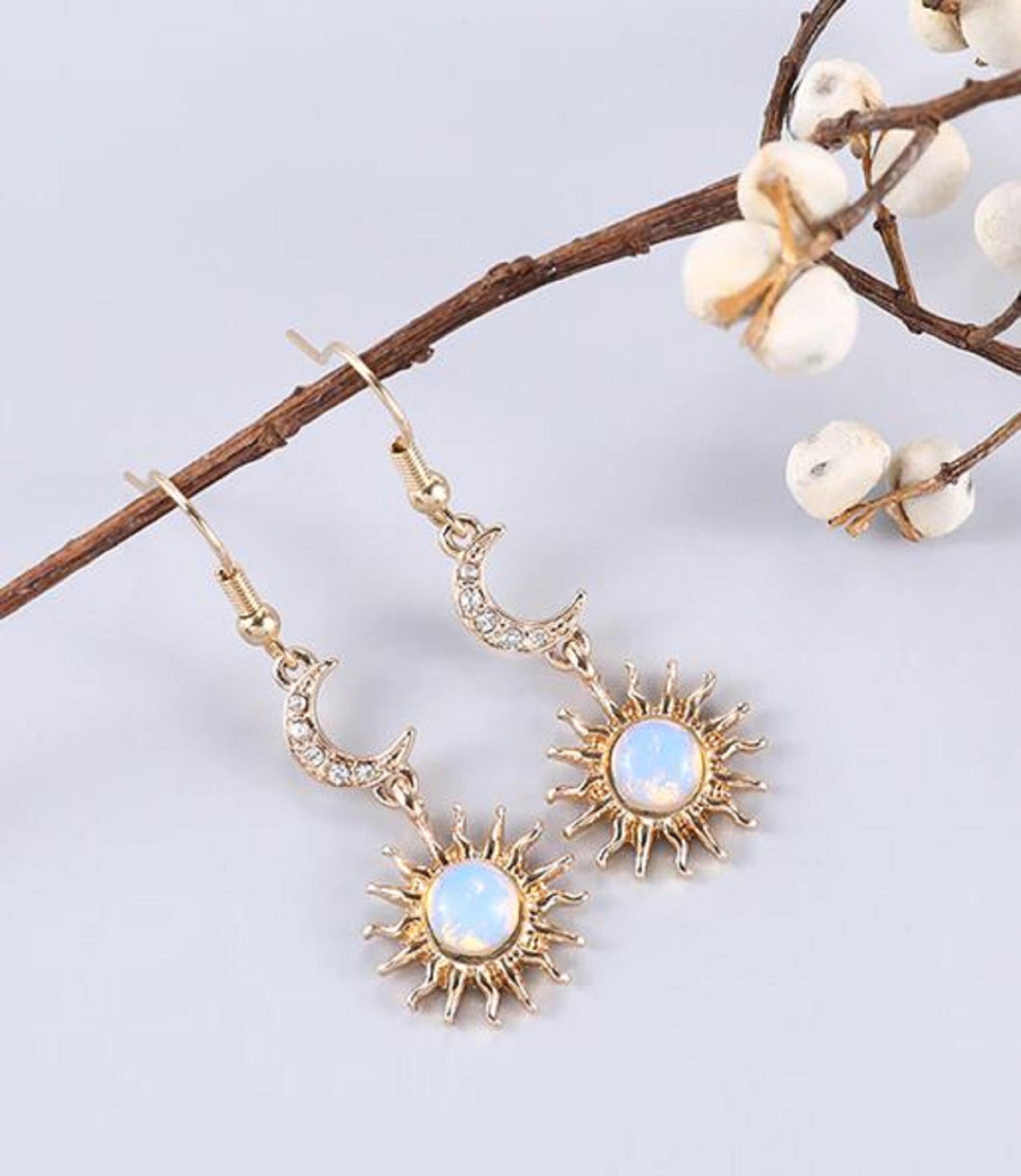 Bohemian Gold Lined Sun and Pearl Moon Earrings Korean Drop Style for Women Boho - Gift for Her, Birthday, Just Because, Special Occasion