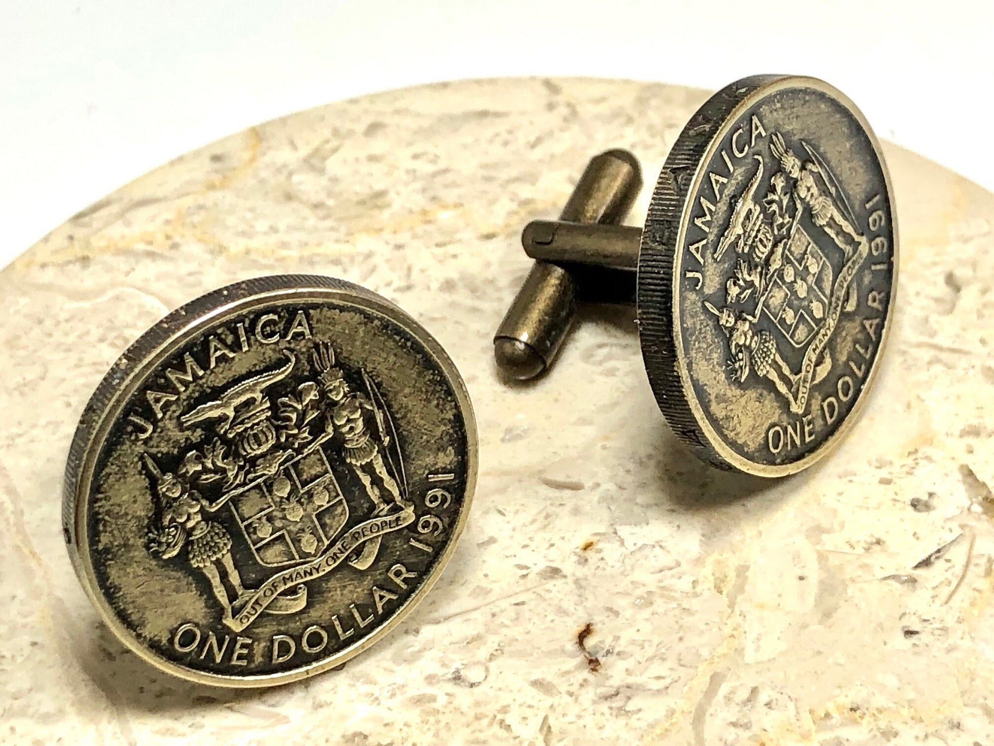 Jamaica Coin Cuff Links Jamaican One Dollar Personal Cufflinks Vintage Handmade Jewelry Gift Friend Charm For Him Her World Coin Collector