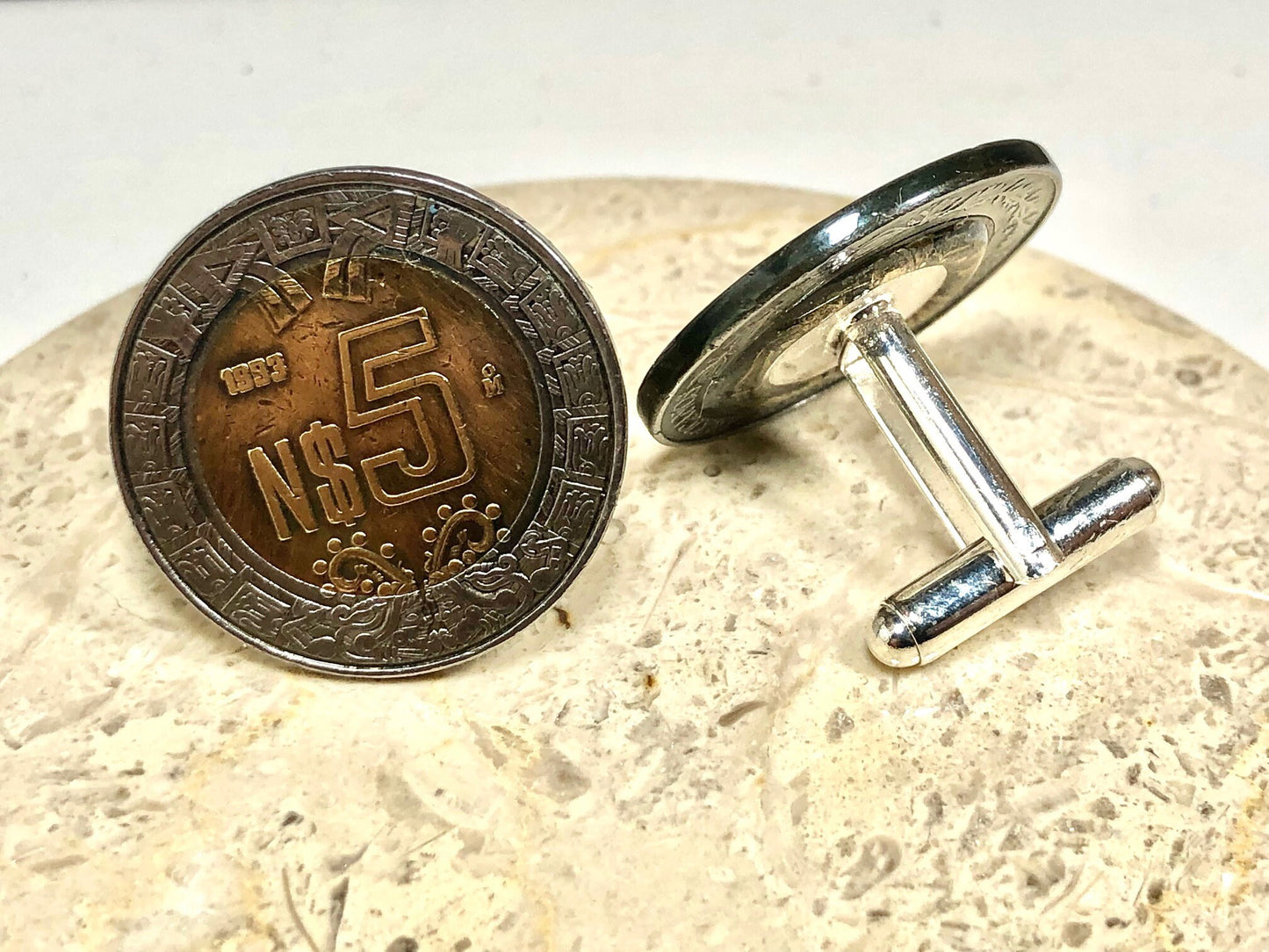 Mexico Coin Cuff Links Mexican 5 Dollars Custom Personal Cufflinks Old Handmade Jewelry Gift Friend Charm For Him Her World Coin Collector