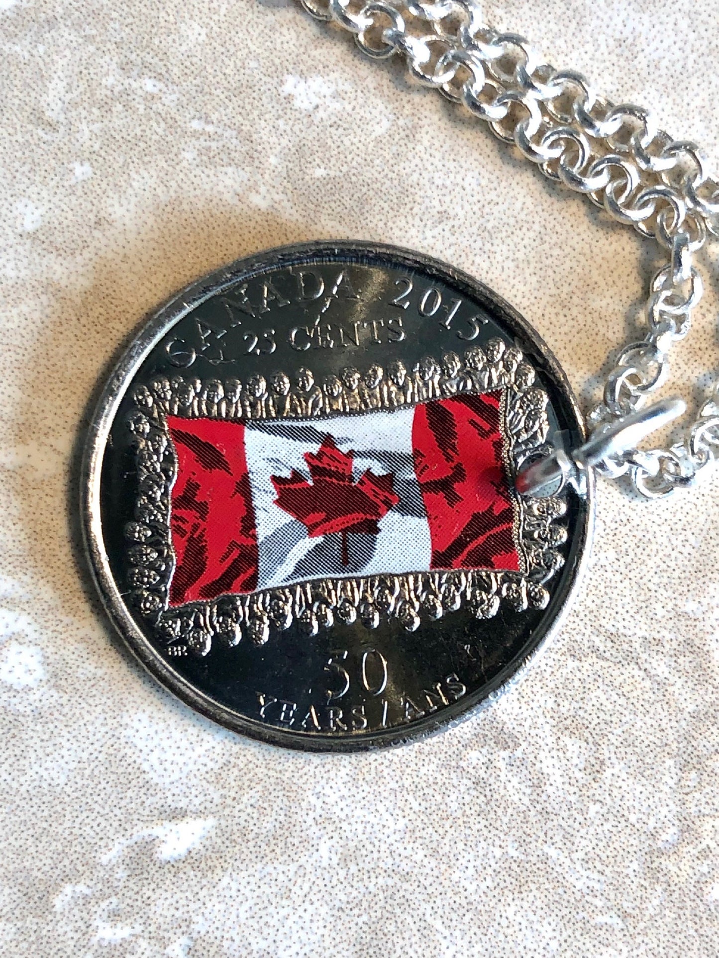 Canadian Quarter Coin Necklace Pendant Canada 2015 25 Cents Flag 50th Anniversary Custom Made Vintage and Rare coins - Coin Enthusiast