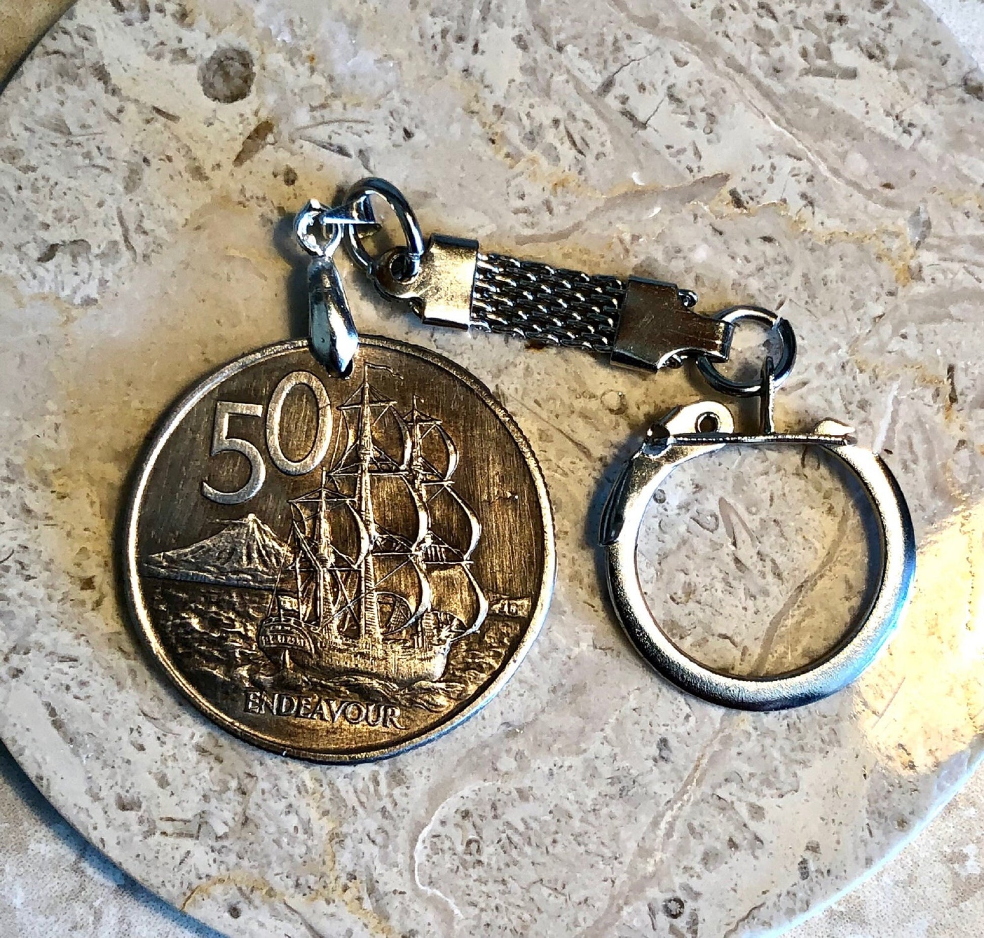 New Zealand Coin Keychain New Zealander ENDEAVOUR 50 Cents Personal Old Handmade Jewelry Gift Friend Charm For Him Her World Coin Collector