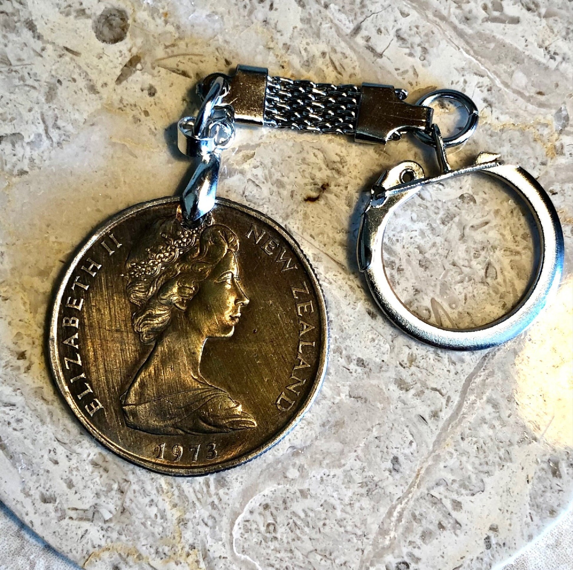 New Zealand Coin Keychain New Zealander ENDEAVOUR 50 Cents Personal Old Handmade Jewelry Gift Friend Charm For Him Her World Coin Collector