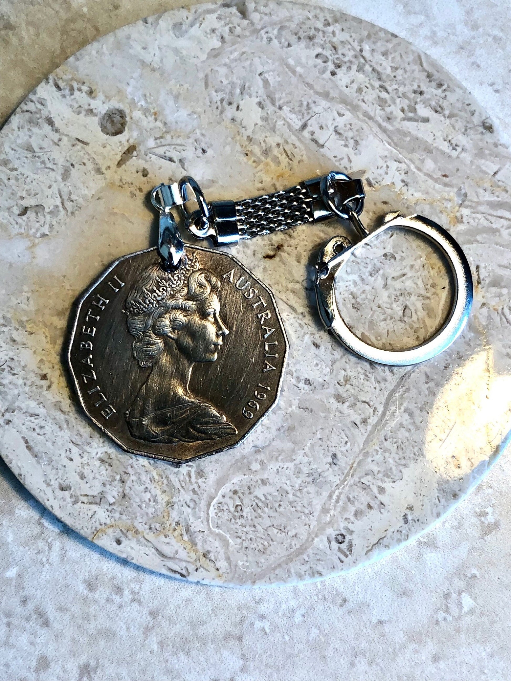 Australia Coin Keychain Australian 50 Cents Rare Find Vintage Antique Finished By Hand Personal & Limited Supply -