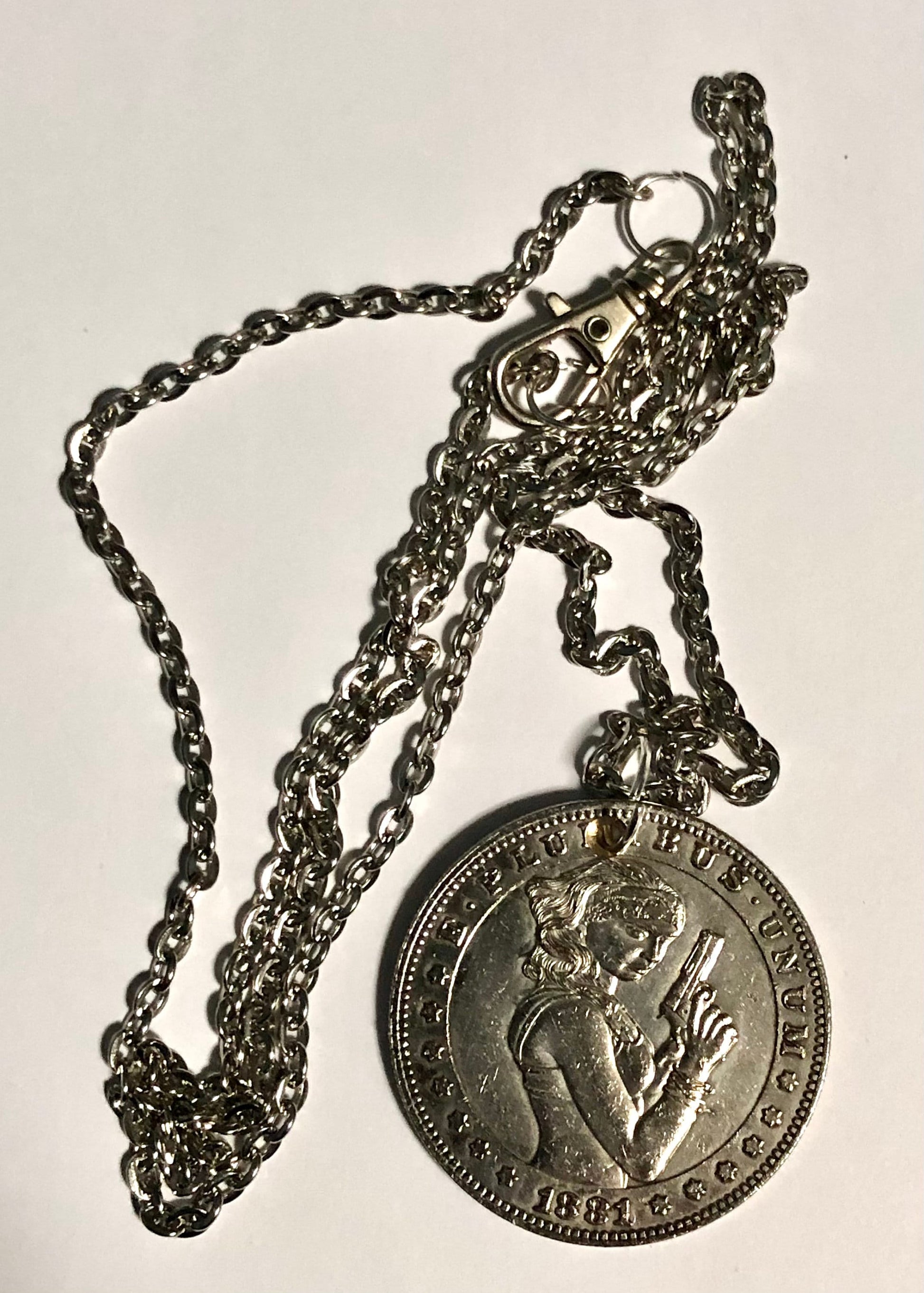 Girl with Pistol Medallion Coin Pendant Necklace Custom Made Vintage Novelty Coins USA Morgan Dollar Eagle - Coin Enthusiast