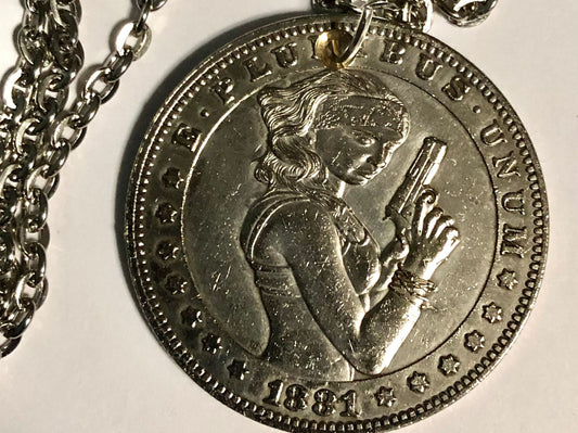 Girl with Pistol Medallion Coin Pendant Necklace Custom Made Vintage Novelty Coins USA Morgan Dollar Eagle - Coin Enthusiast