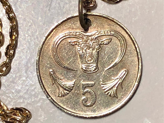 Cyprus Coin Pendant Necklace Cypriot 5 Cents Bull Personal Old Vintage Handmade Jewelry Gift Friend Charm For Him Her World Coin Collector