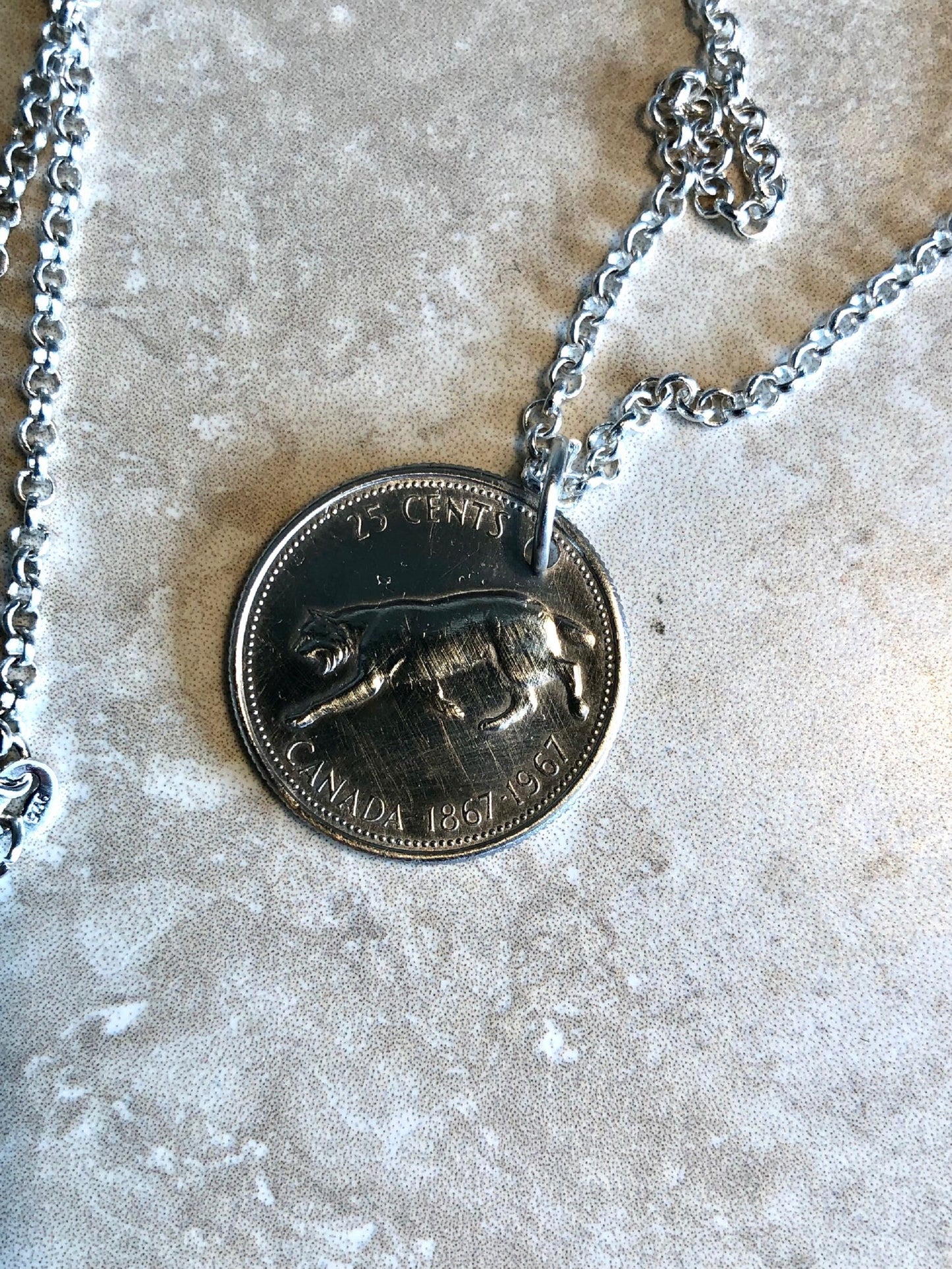 Canadian Quarter Coin Pendant Necklace Canada 1967 Silver 25 Cents Custom Made Vintage and Rare coins - Coin Enthusiast - Fashion Accessory.
