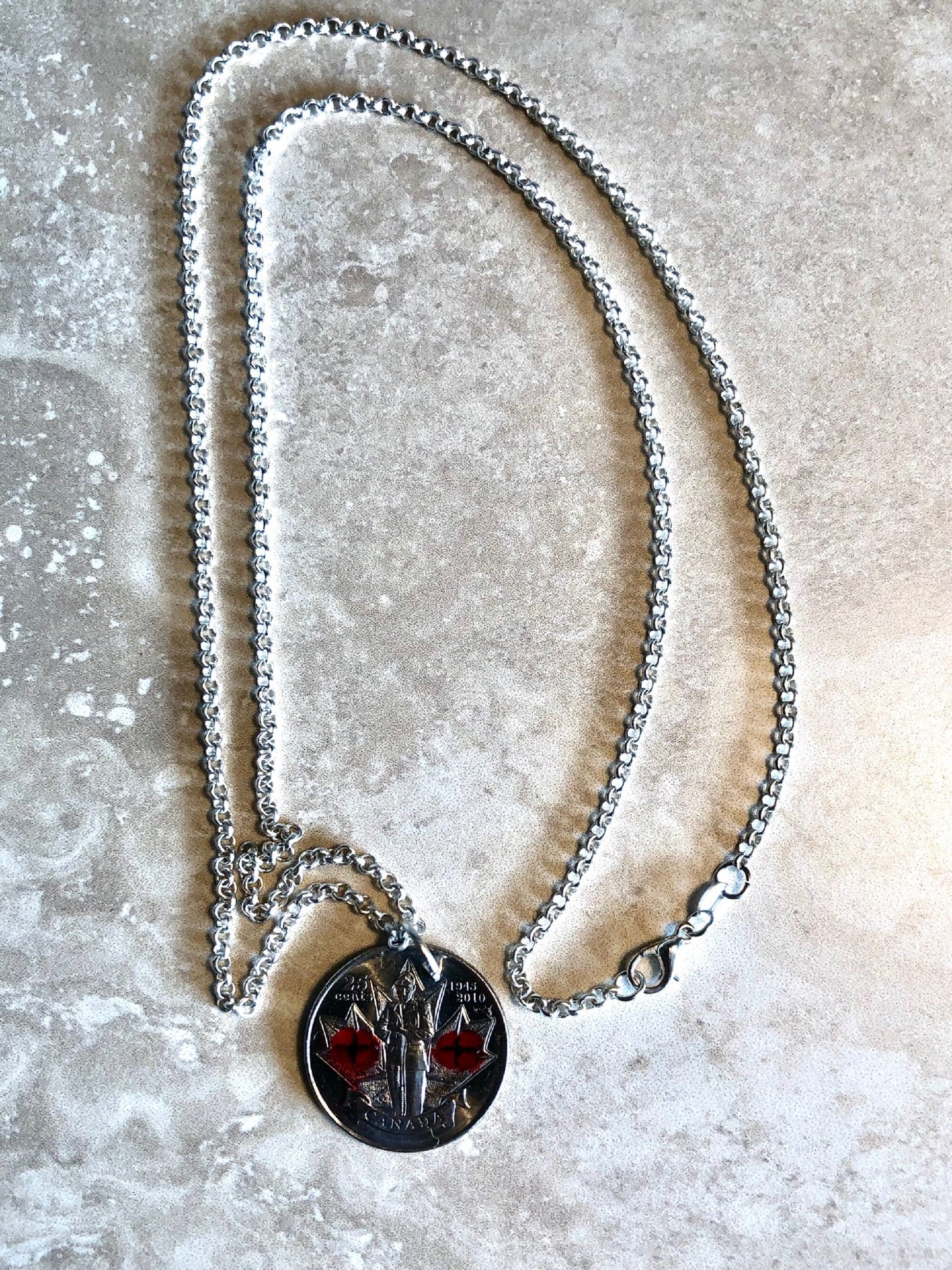 Canadian Quarter Coin Pendant Necklace Canada 2010 25 Cents Poppy Custom Made Vintage and Rare coins - Coin Enthusiast - Fashion Accessory