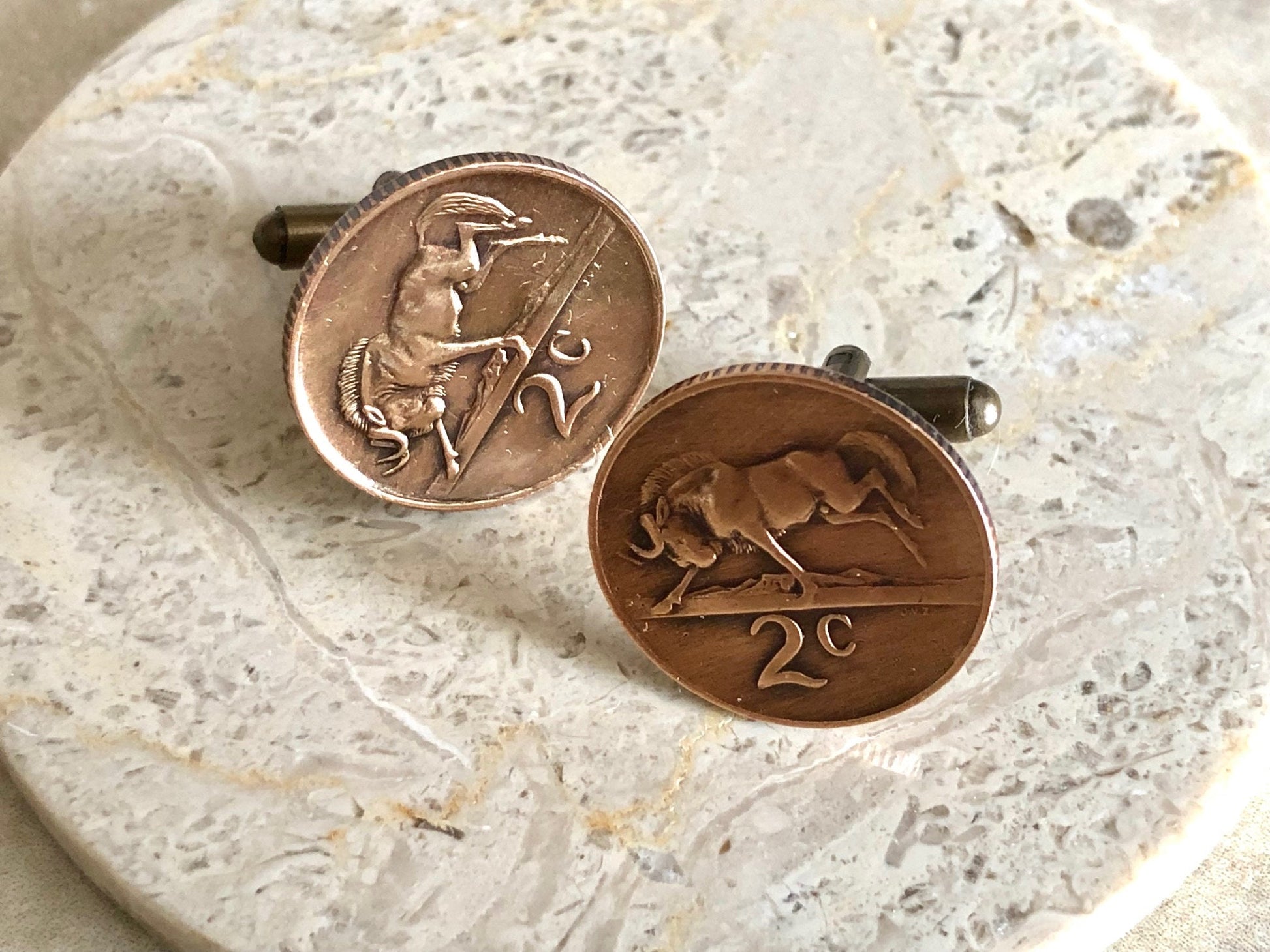 South Africa Coin Cuff Links African 2 Cents Personal Cufflinks Vintage Handmade Jewelry Gift Friend Charm For Him Her World Coin Collector