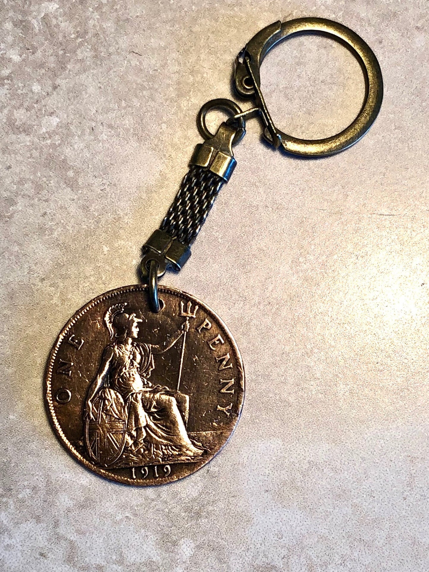 British Coin Keychain United Kingdom Large Penny Rare Find Vintage Antique Finished By Hand Personal & Limited Supply