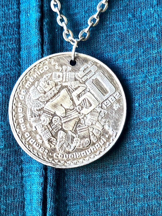 Mexico Coin Mexican 50 Peso Aztec Pendant Necklace Personal Old Vintage Handmade Jewelry Gift Friend Charm For Him Her World Coin Collector