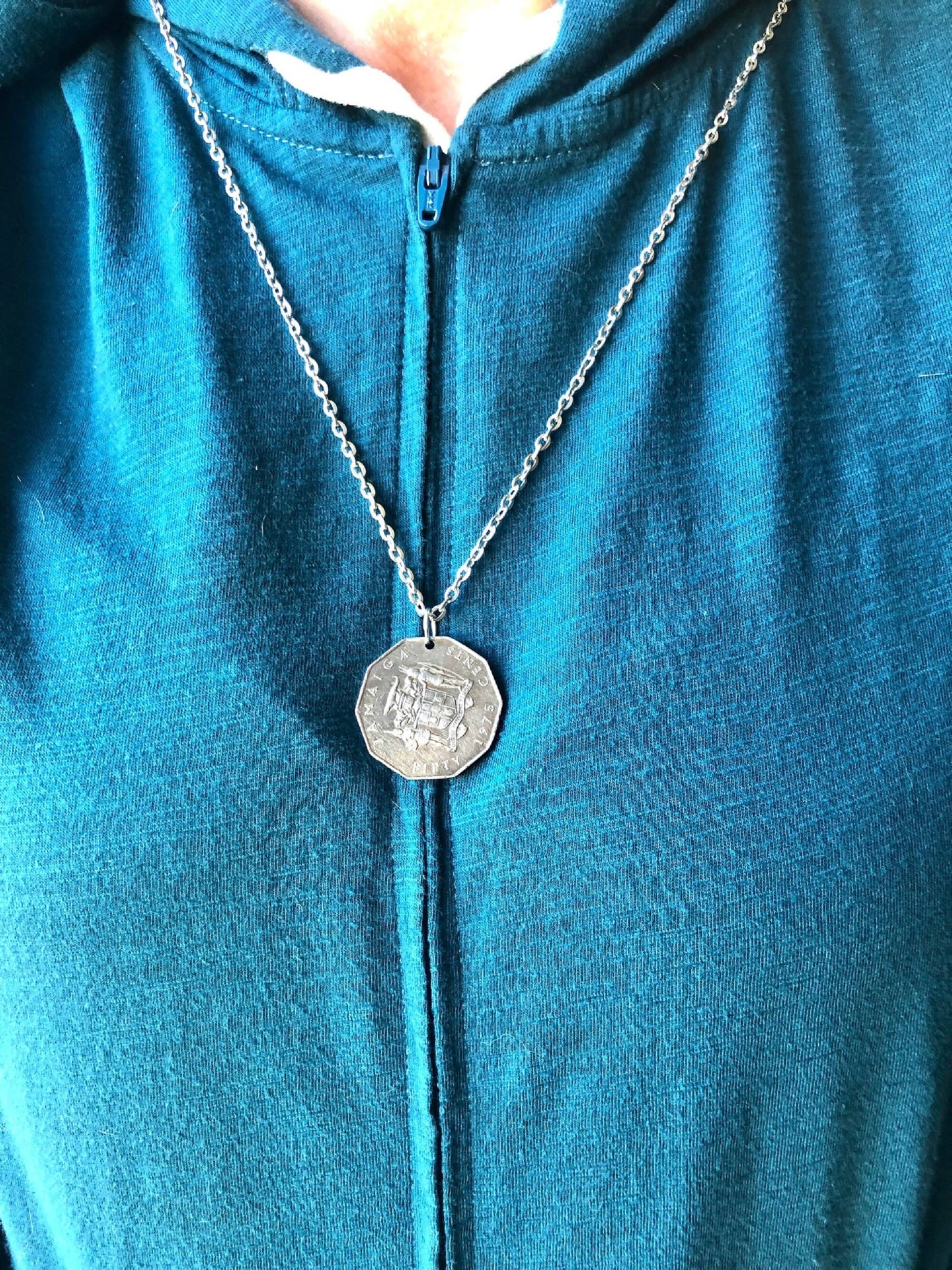 Jamaica Necklace Coin Chain Jamaican 50 Cent Personal Necklace Vintage Handmade Jewelry Gift Friend Charm For Him Her World Coin Collector