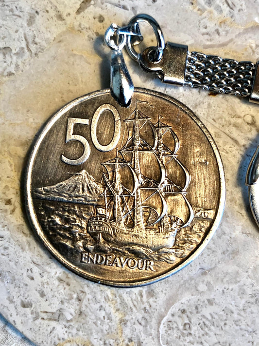 New Zealand Coin Keychain New Zealander ENDEAVOUR 50 Cents Personal Old Handmade Jewelry Gift Friend Charm For Him Her World Coin Collector