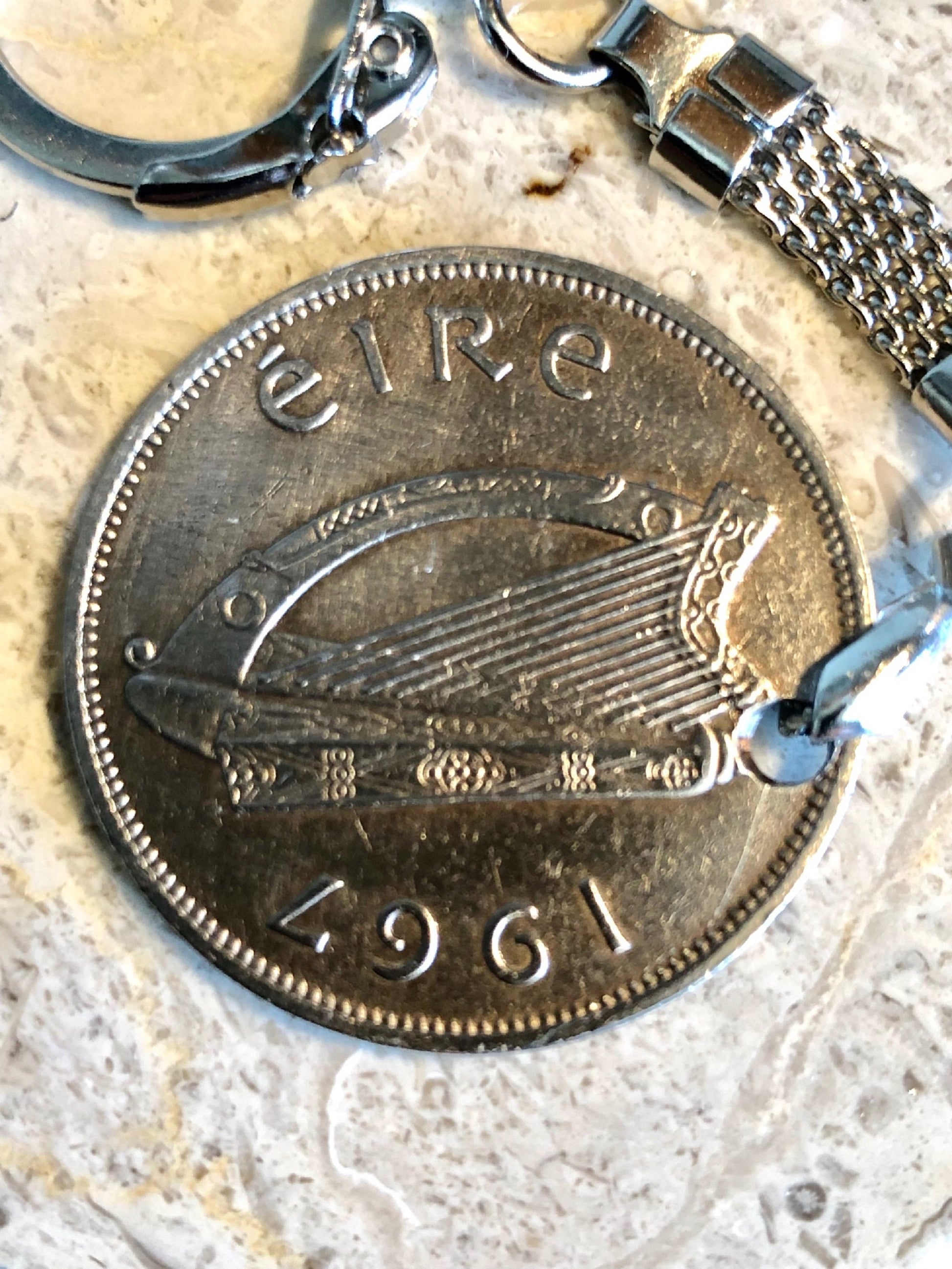 Ireland Coin Keychain Irish Half Crown Lear Harp Rare Find Celtic Vintage Antique Finished By Hand Personal & Limited Supply -