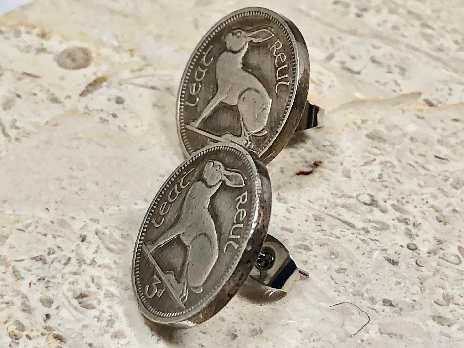 Ireland Coin Stud Earrings Irish 3 Pence Rabbit Hare Personal Vintage Handmade Jewelry Gift Friend Charm For Him Her World Coin Collector