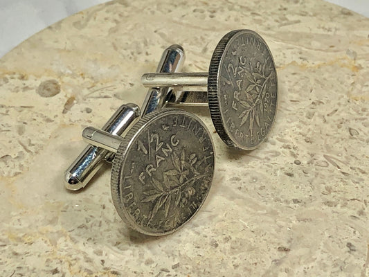 French Coin Cuff Links France 1/2 Franc Personal Old Vintage Handmade Jewelry Gift Friend Charm For Him Her World Coin Collector