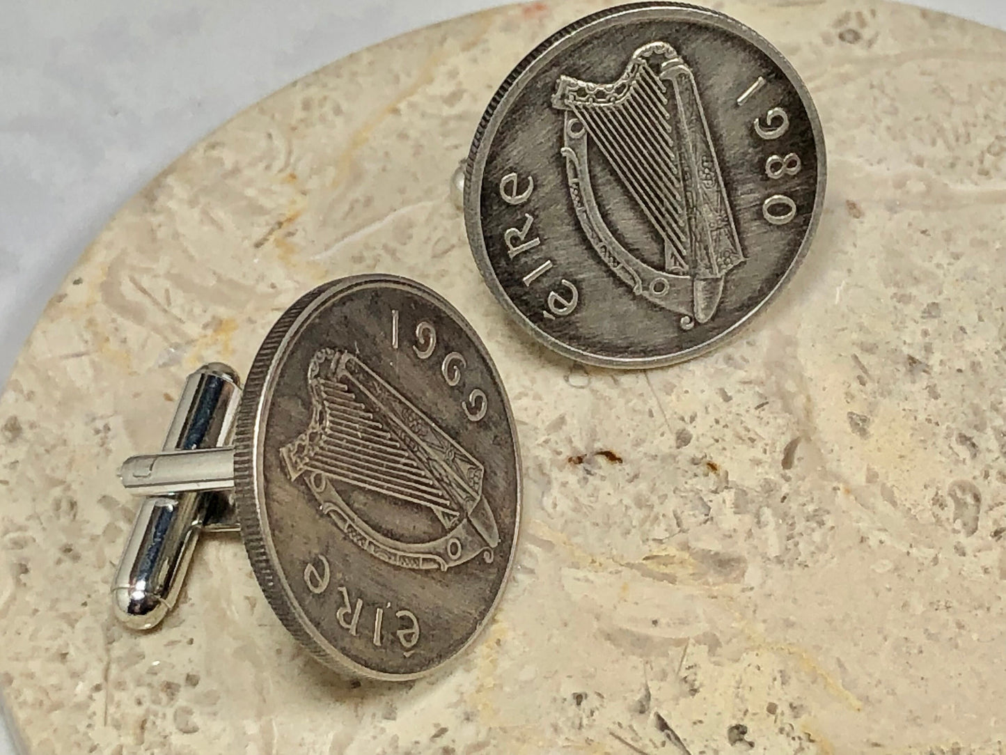 Ireland Coin Cuff Links Irish 5 Pence Celtic Harp Personal Vintage Handmade Jewelry Gift Friend Charm For Him Her World Coin Collector