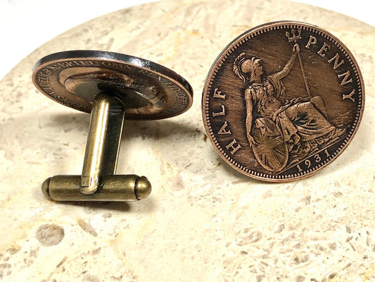 England Coin Cuff Links Half Penny United Kingdom England UK Custom Made Vintage and Rare coins - Cufflinks Coin Enthusiast -