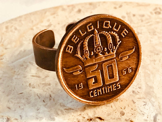 Belgium Coin Ring Belgian 50 Centimes Crown Adjustable Custom Vintage and Rare Coins Coin Enthusiast Fashion Accessory Handmade