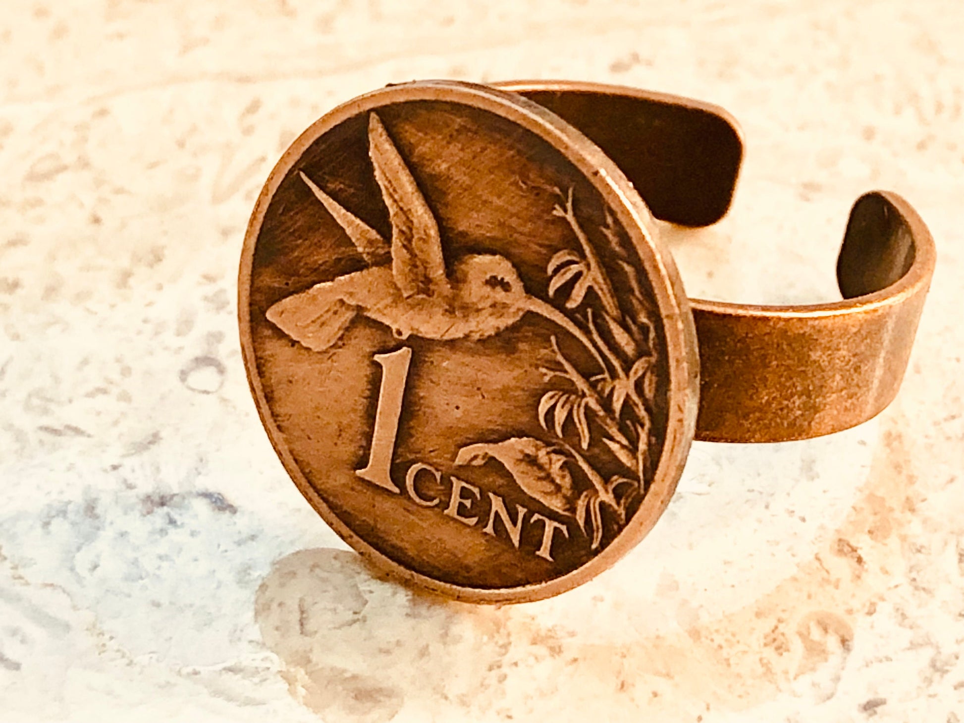 Trinidad and Tobago Coin Ring One Cent Penny Humming Bird Adjustable Custom Vintage and Rare Coins Coin Enthusiast Handmade