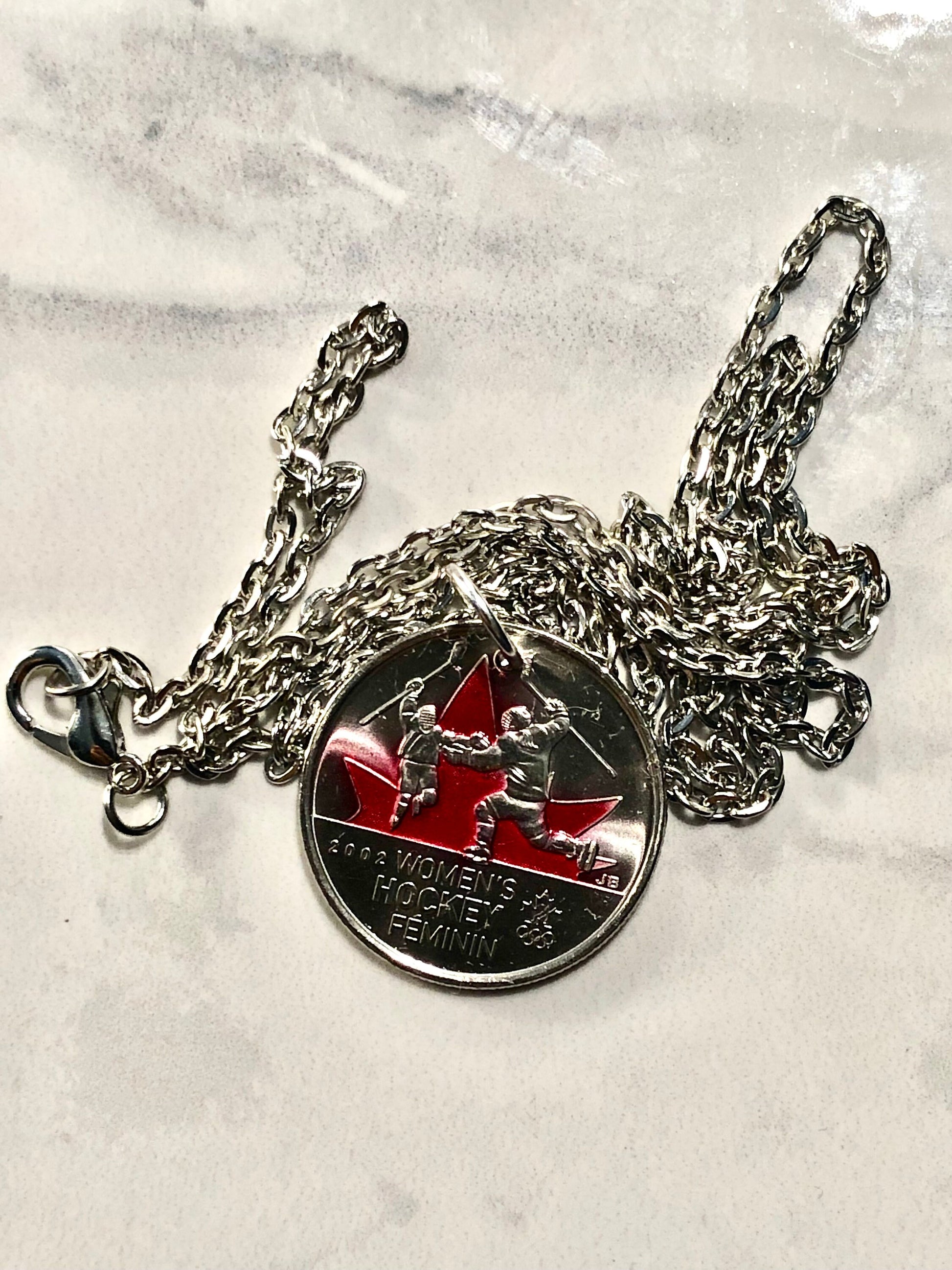 Canadian Quarter Coin Necklace Woman's Hockey Canada 2002 25 Cents Custom Made Vintage and Rare coins - Coin Enthusiast - Fashion Accessory