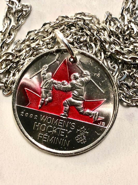 Canadian Quarter Coin Necklace Woman's Hockey Canada 2002 25 Cents Custom Made Vintage and Rare coins - Coin Enthusiast - Fashion Accessory