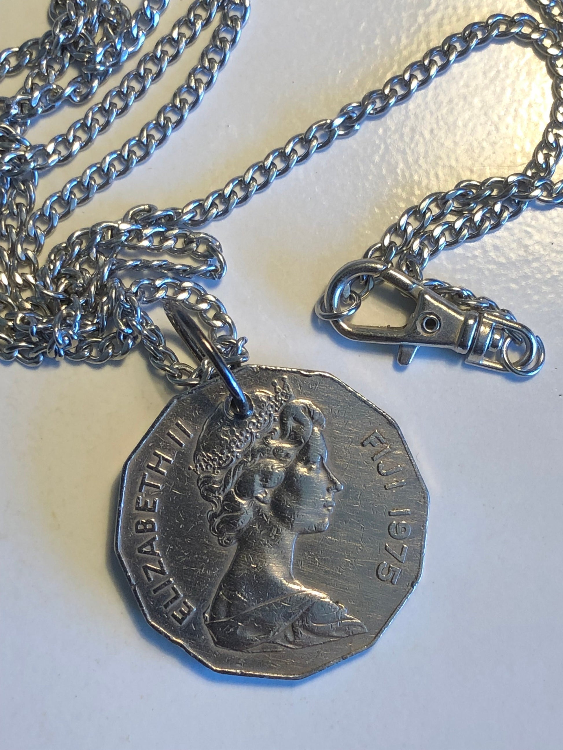 Fiji Necklace Coin Chain 50 Cent Piece Fijian Personal Vintage Handmade Jewelry Gift Friend Charm For Him Her World Coin Collector