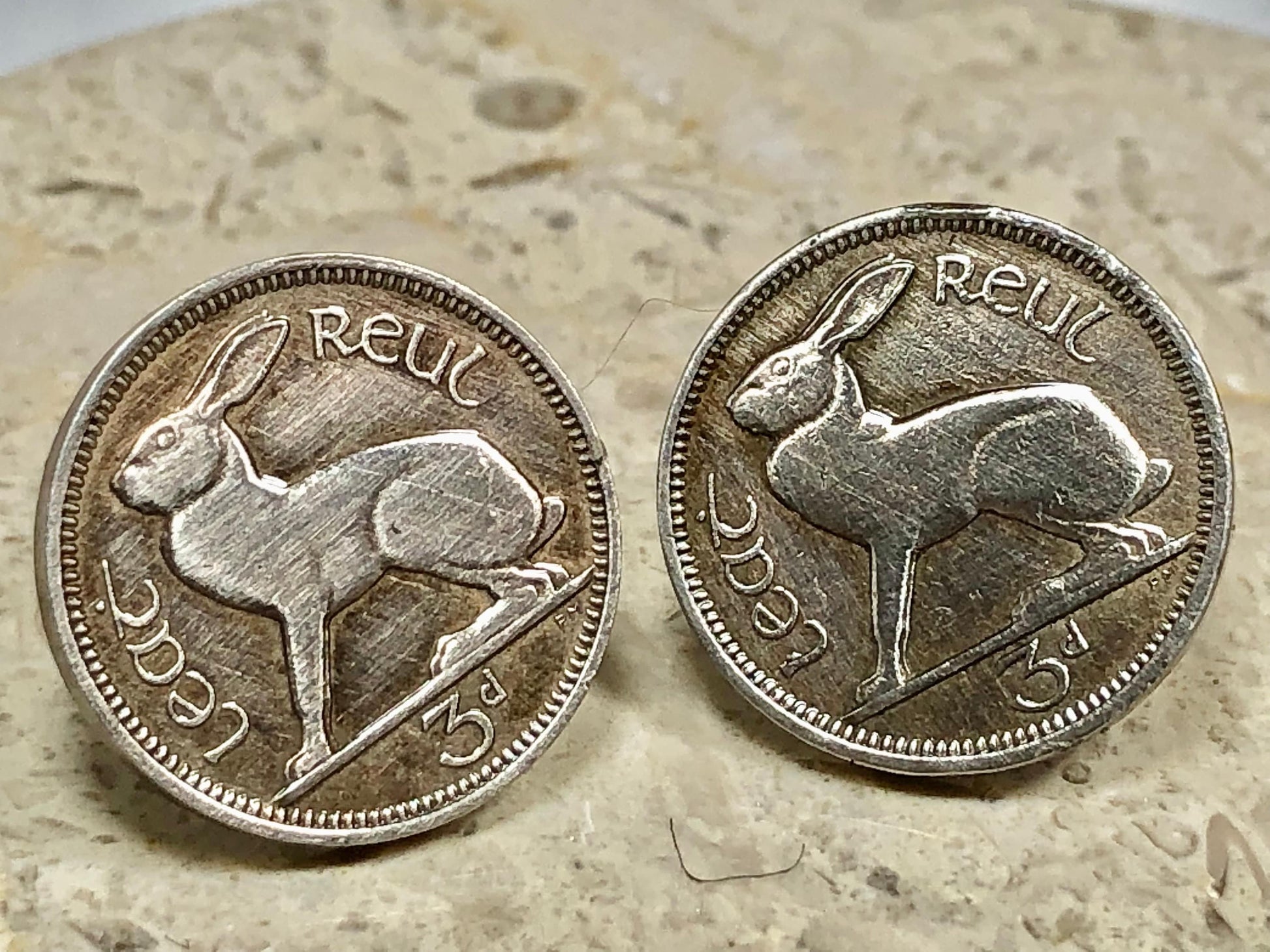 Ireland Coin Stud Earrings Irish 3 Pence Rabbit Hare Personal Vintage Handmade Jewelry Gift Friend Charm For Him Her World Coin Collector