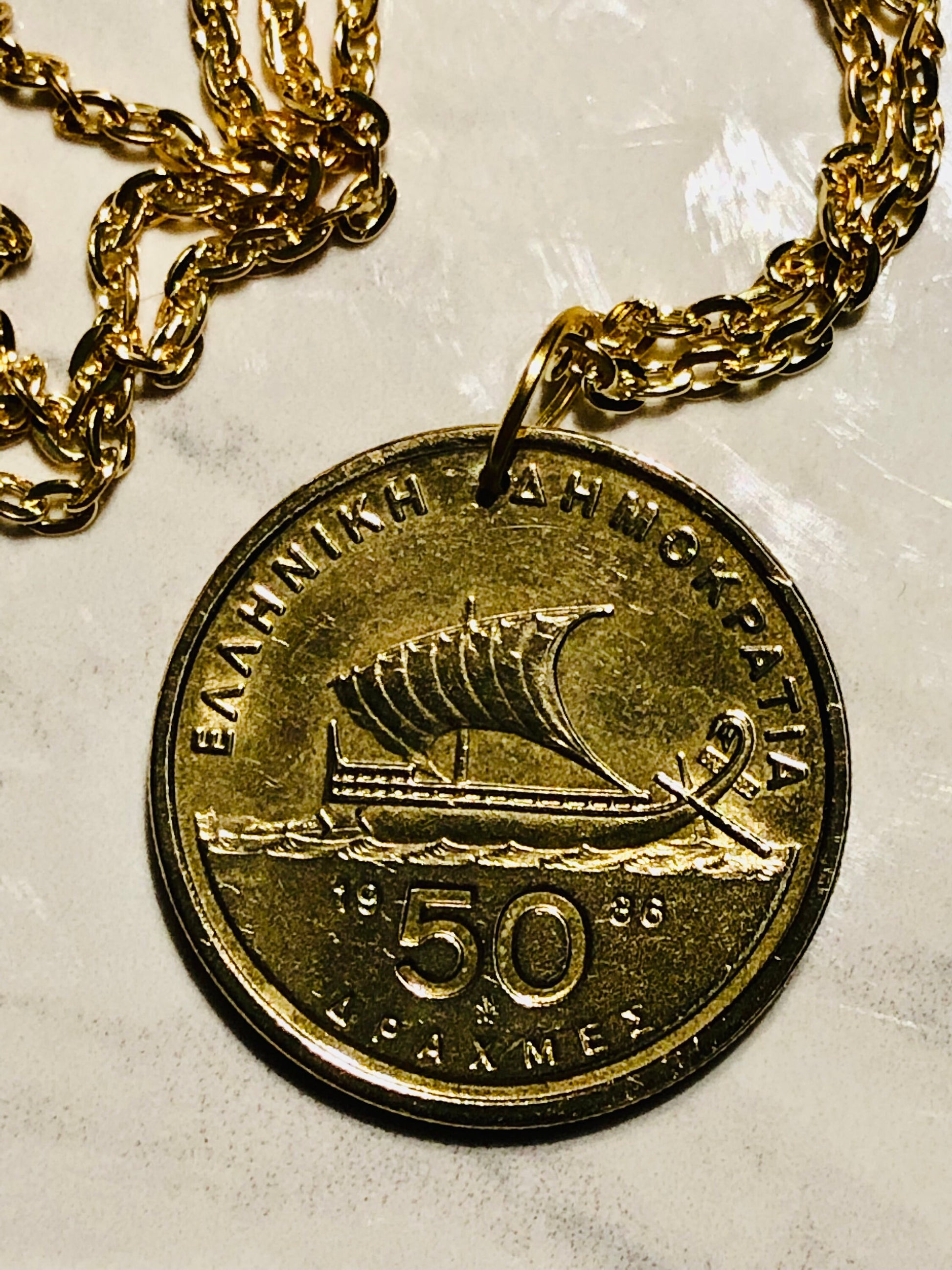 Greece Coin Necklace 50 Drachmes Homer Greek Pendant Personal Vintage Handmade Jewelry Gift Friend Charm For Him Her World Coin Collector